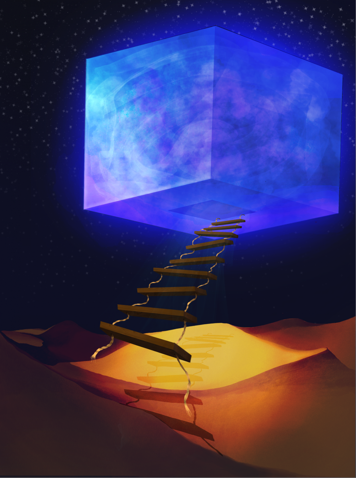 Digital artwork. A wood and rope ladder rises from desert sand up to a blue three dimensional square floating in a black sky.