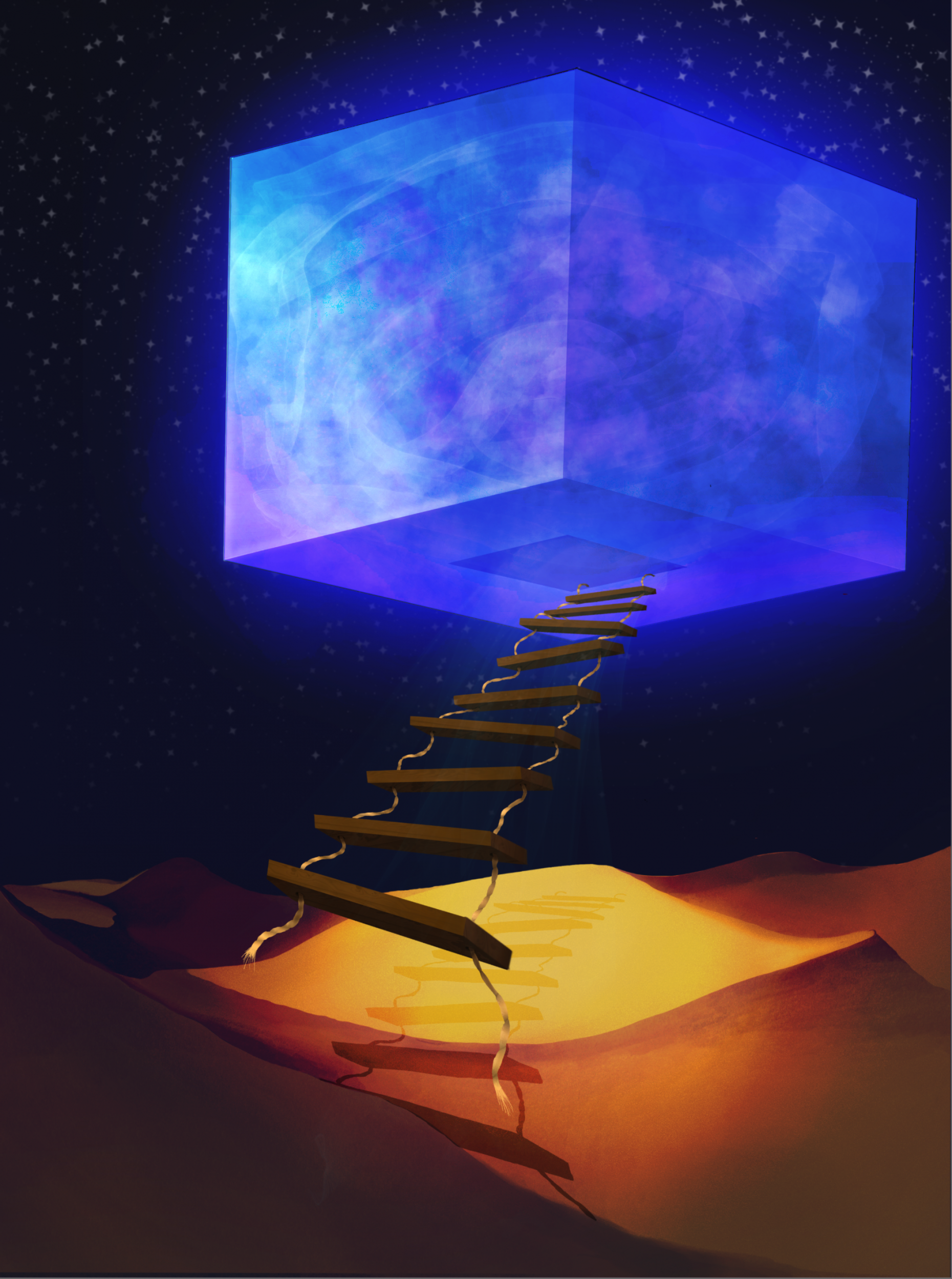 Digital artwork. A wood and rope ladder rises from desert sand up to a blue three dimensional square floating in a black sky.