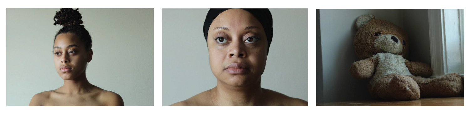 Triptych portraits of two people and a teddybear.