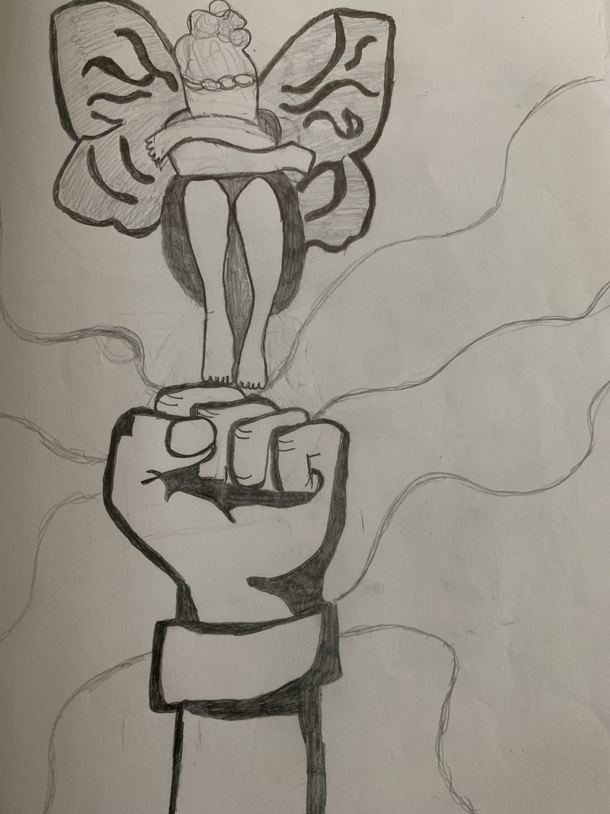 Drawing of a character with fairy wings covering their face in a fetal position, standing atop a raised fist.