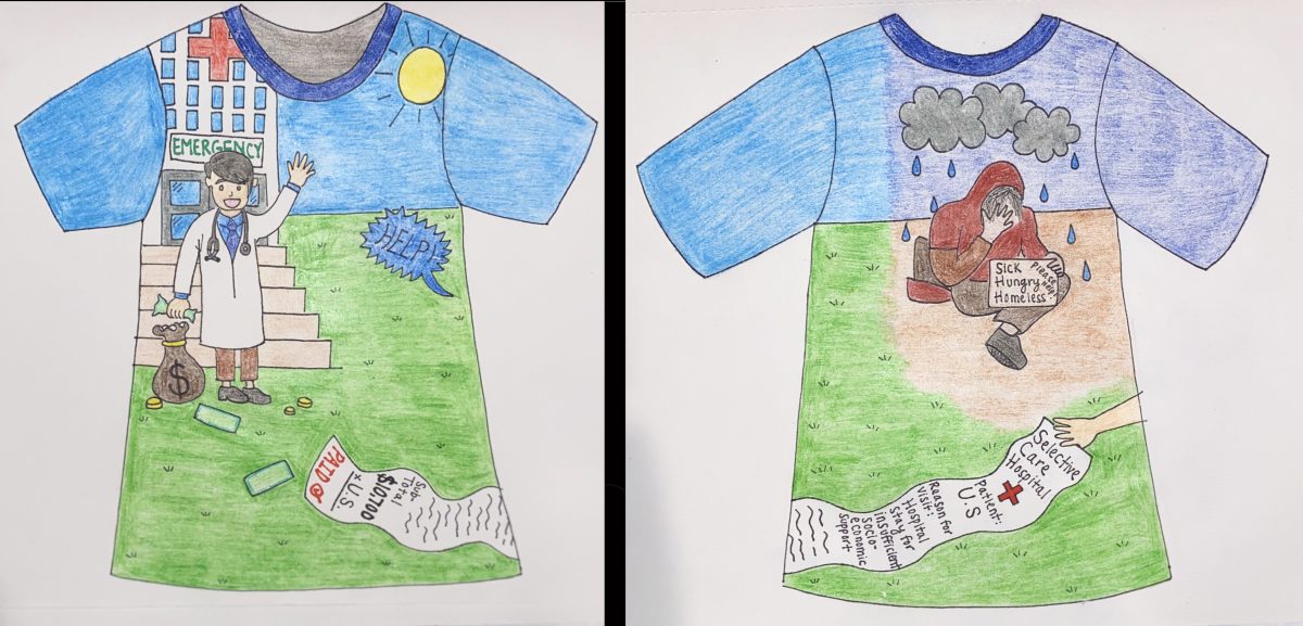 Drawing of a t-shirt. Front depicting a doctor holding money outside a hospital while a potential patient calls for help out of frame. The back shows this patient in a red hoodie under a rain cloud asking for help and looking at a huge hospital bill.
