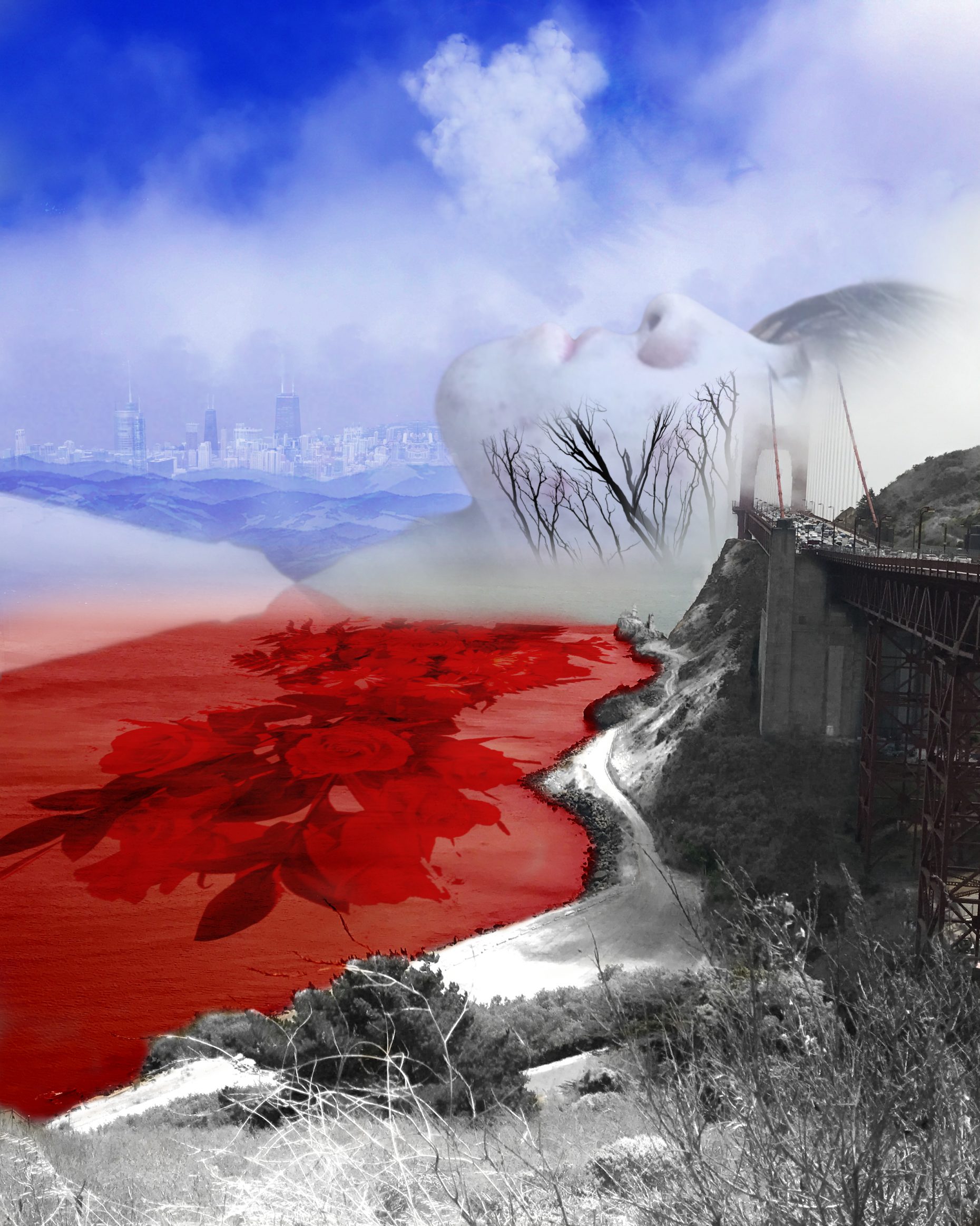 Surreal landscape with red river, Chicago skyline, transparent face, and shoreline.