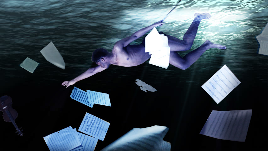 Underwater view of a violinist reaching farther into the depths for a violin, with sheet music scattering in the water.