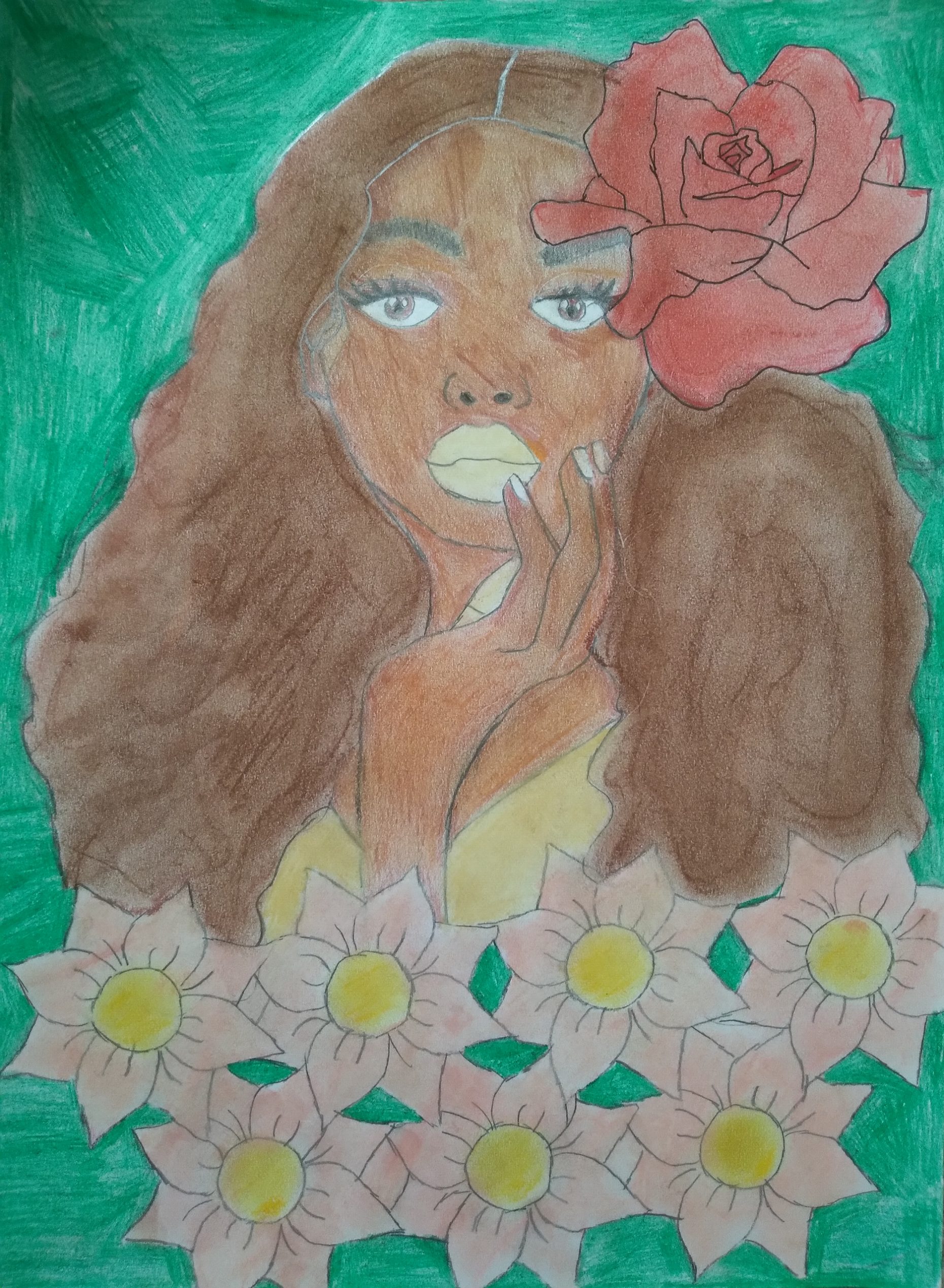 Portrait of person's face, their hand raised to chin, wearing a red flower in their hair, with yellow and pink flowers in front on a green background