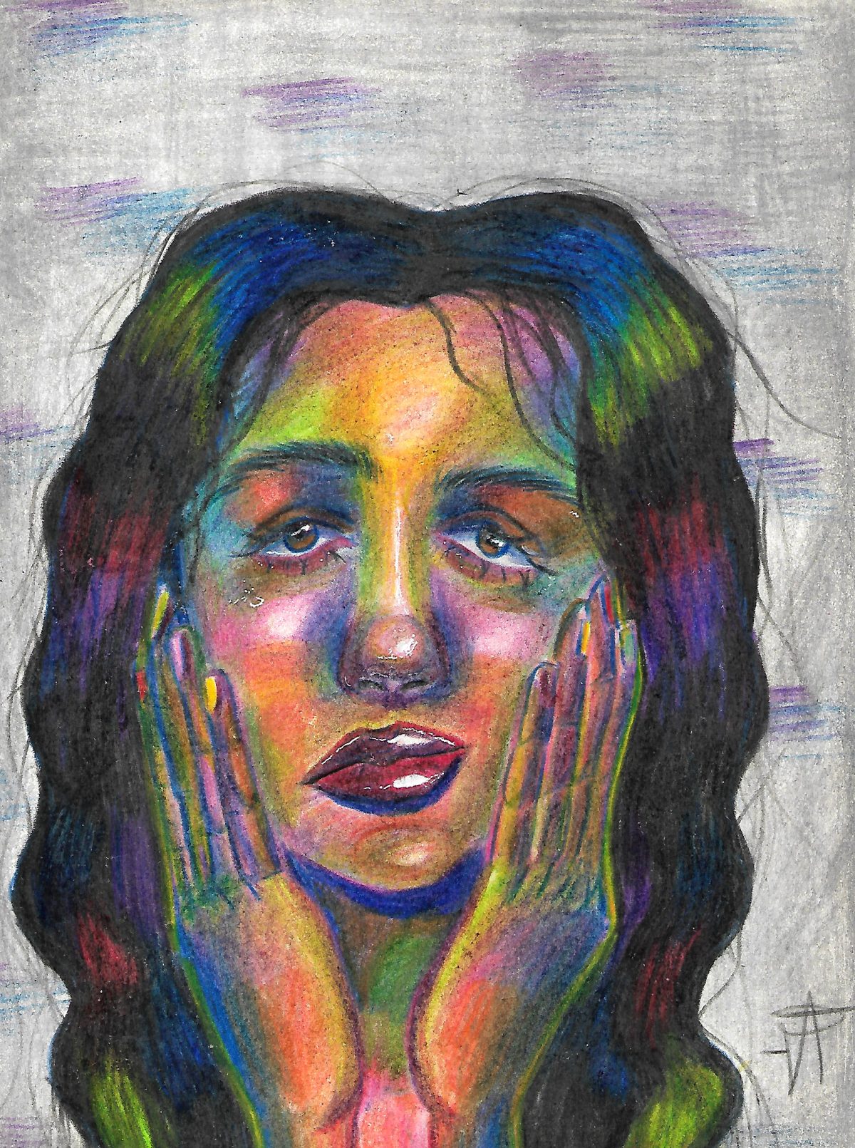 A face with long hair in a variety of bright colors, holding their cheeks with their hands as though in shock.