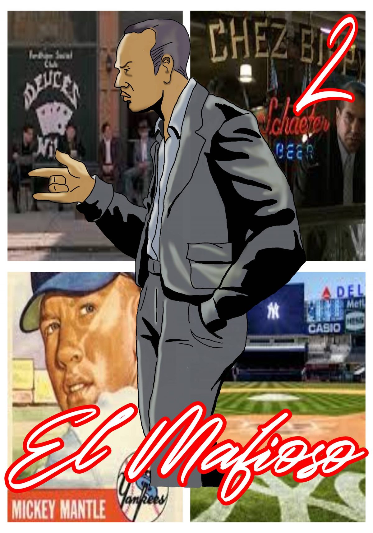 Digital illustration of man in gray suit painting, storefronts, a baseball card, and script text reading "El Mafioso."