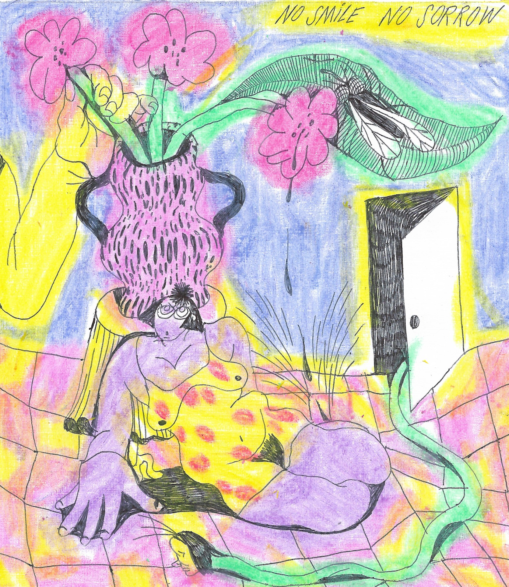 Drawing: large purple figure sits center on pink and yellow tiled floor. Pink and green plants grow from their head. A slightly open door is on the right of the drawing.