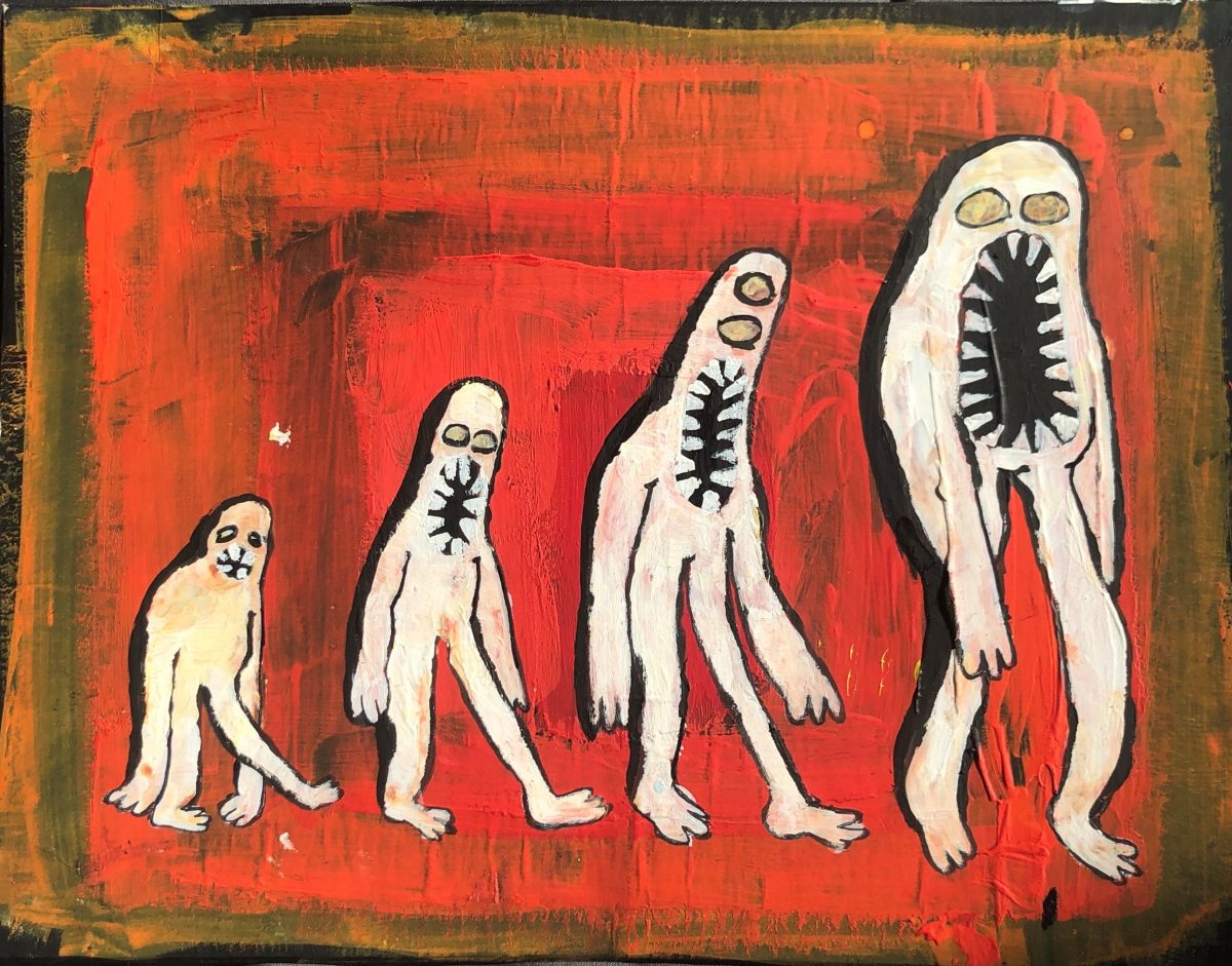Painted sequence of 4 creatures, becoming larger and more monstrous from left to right. Gaping teeth, multiple eyes and a gaunt look, with a deep red background.
