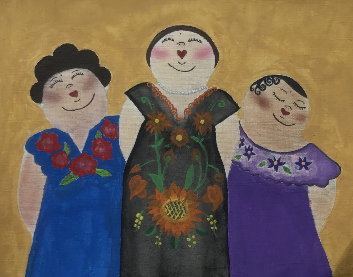 Painting of three people standing side to side in dresses.