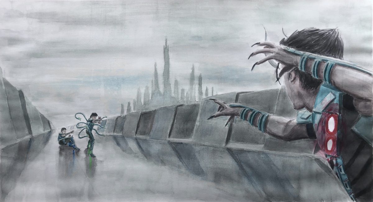 Painting of three figures on a grey steel bridge; two in the distance and one in the foreground, facing off against each other. A grey cityscape is seen far in the distance.