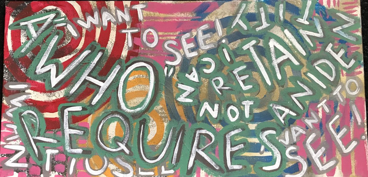 A cacophony of text, with phrases like "WHO REQUIRES" and "I WANT TO SEE" superimposed over one another.