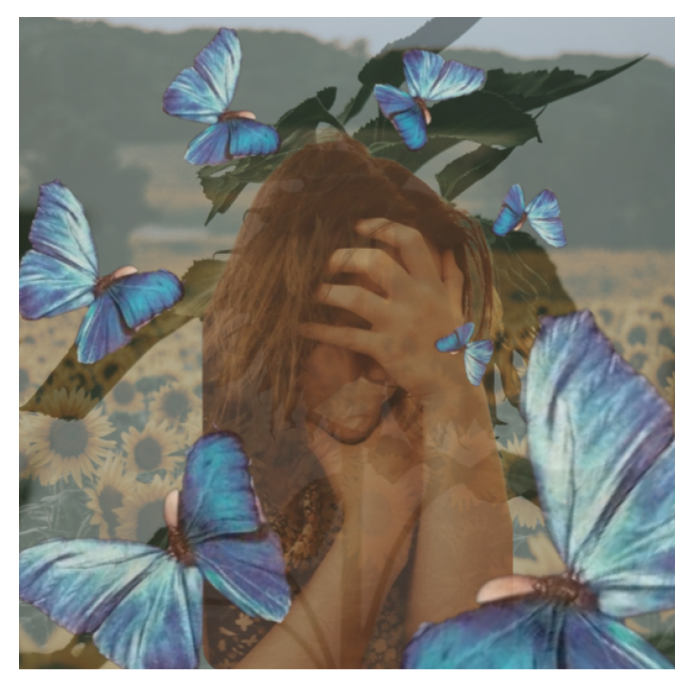 A weeping face, covered by hands, superimposed over a close-up photo of blue butterflies and a wide shot of sunflowers in a field.