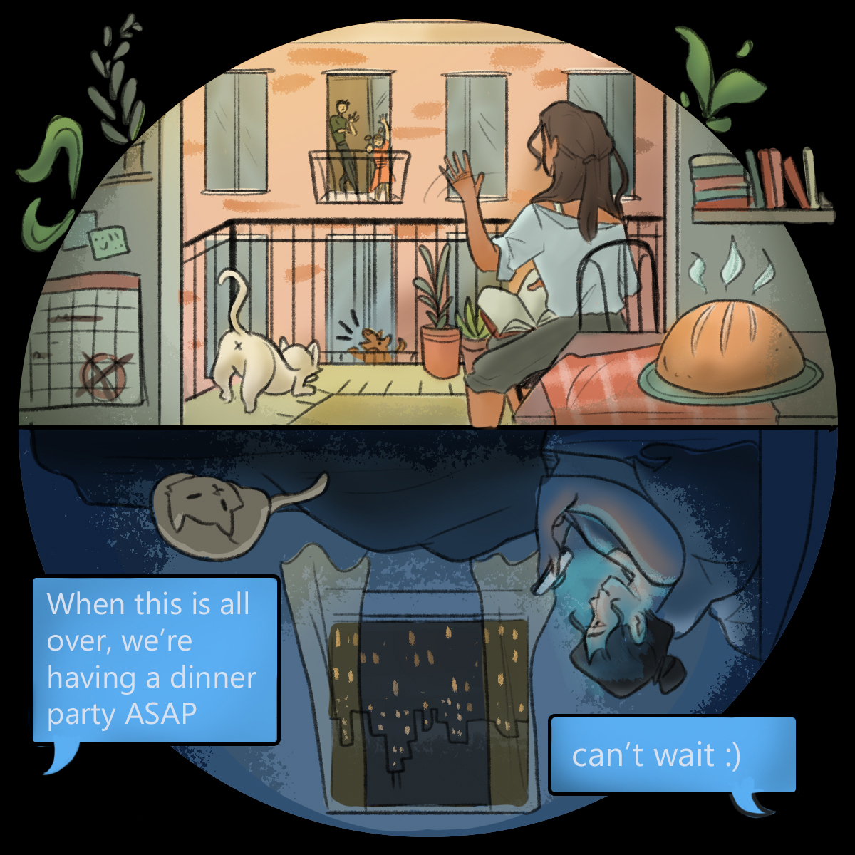 Two-panel comic inset in a circle; first panel depicts neighbors waving to each other across a courtyard; second panel depicts one person in bed at night texting their neighbor about hosting a dinner party