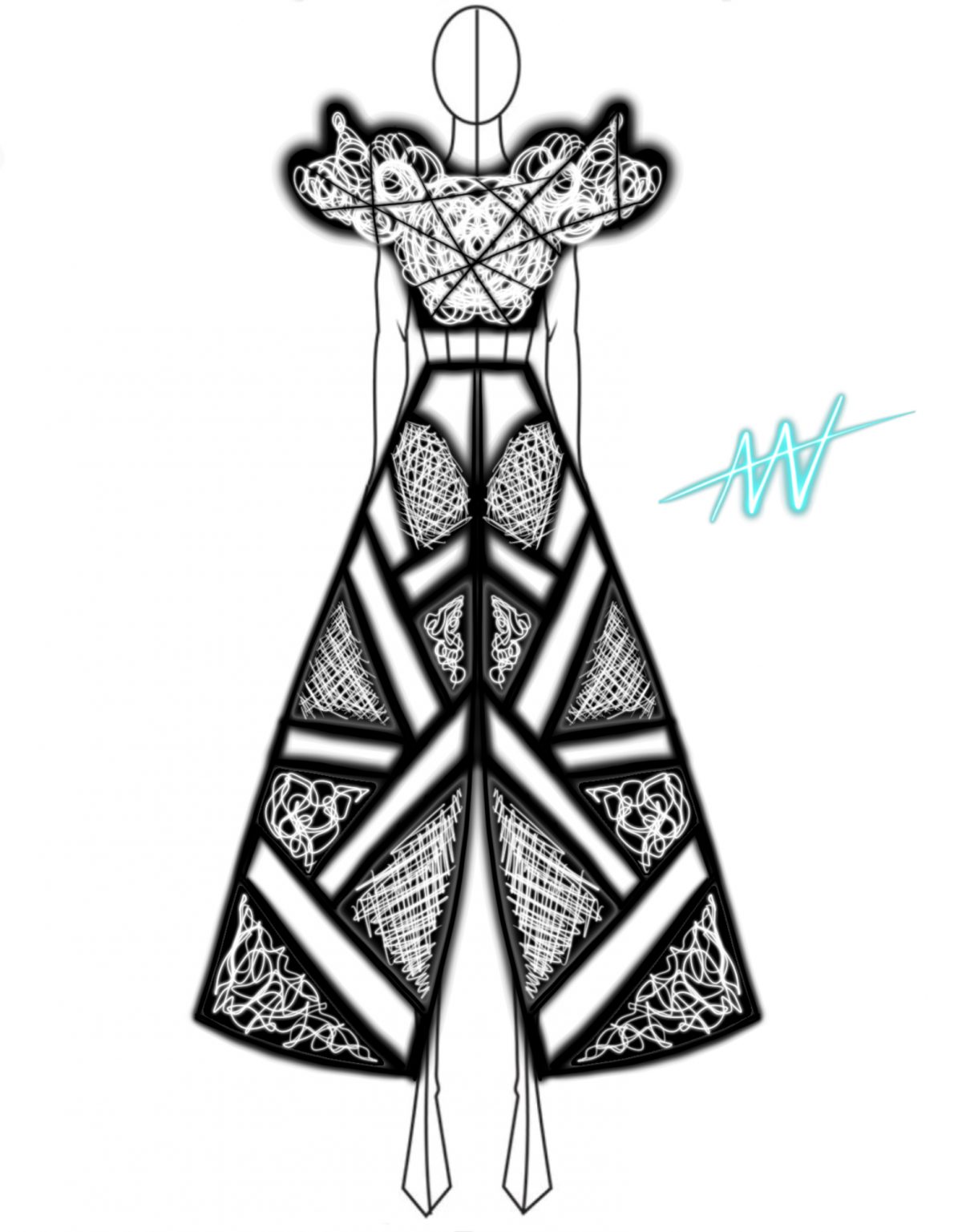 Black and white sketch of ankle length dress with short sleeves and a geometric design.