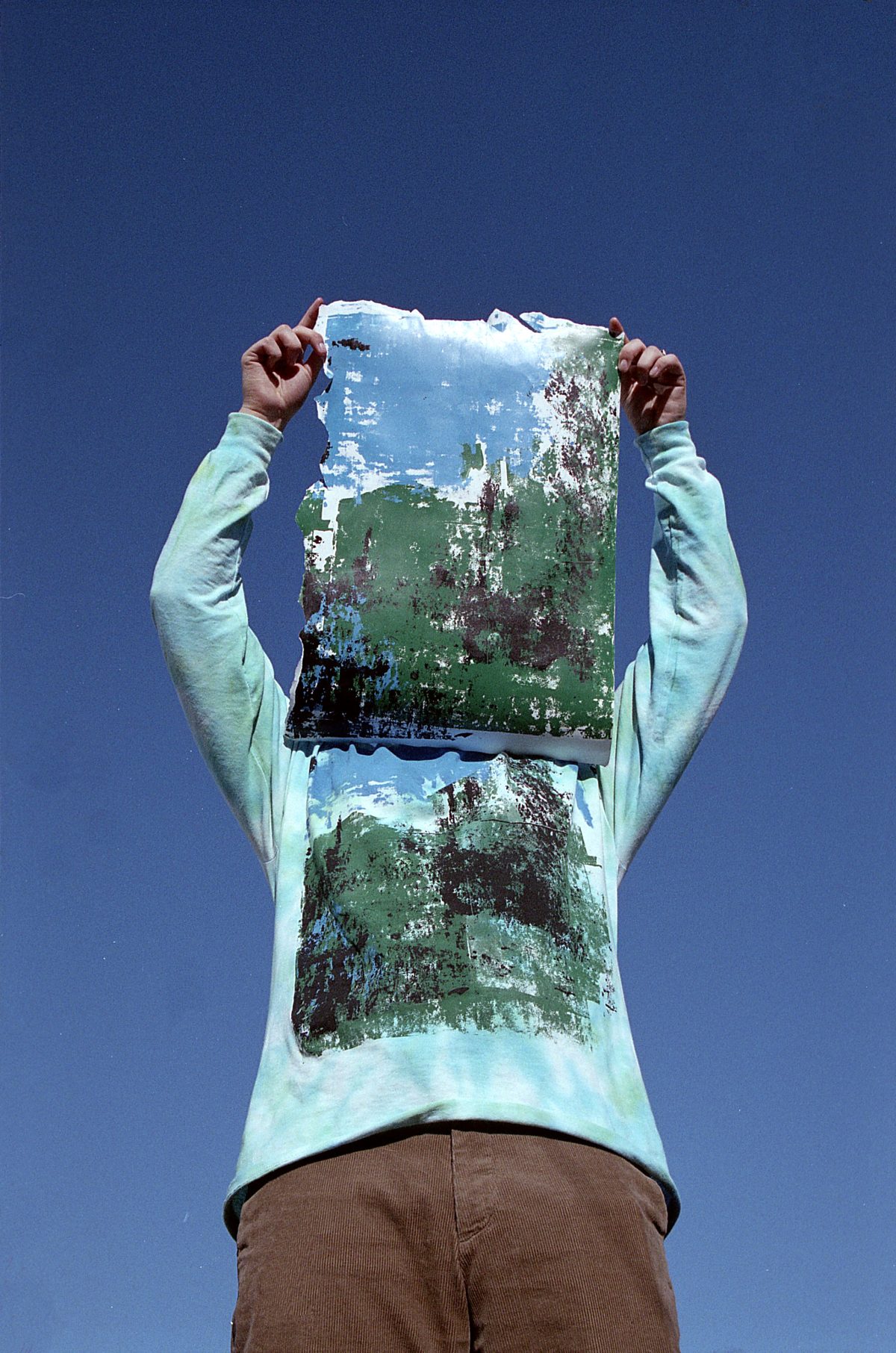 Person raising a print up that matches the print on their shirt, and using the artwork to obscure their face.