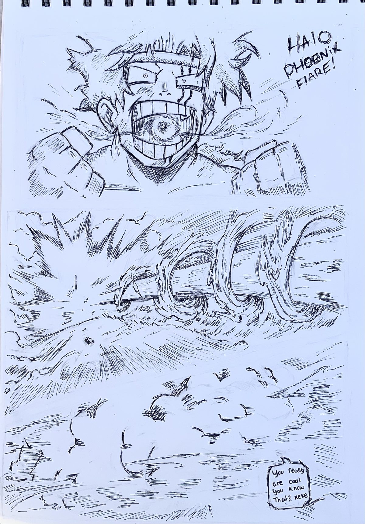 Manga style drawing with a three-part sequence. Above a figure prepares a breath weapon, then a blast shoots out a large distance, and below smoke from the blast starts to clear.