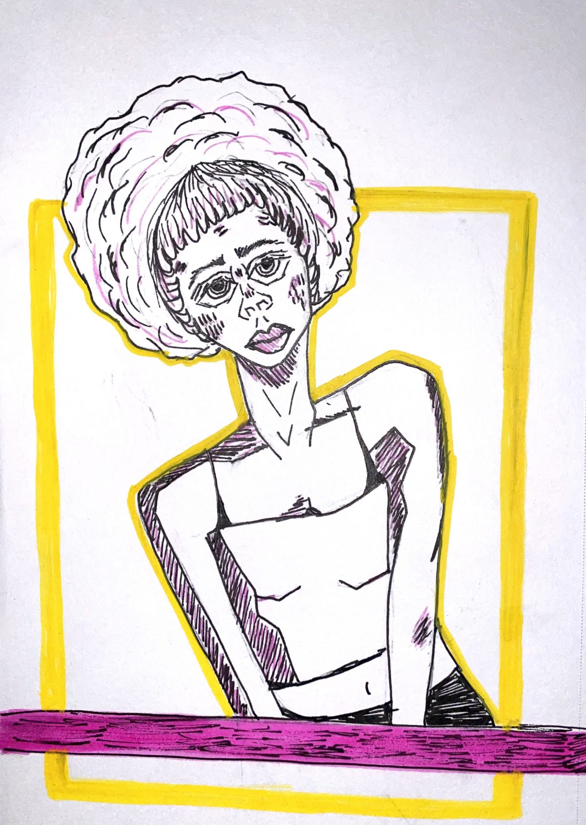Black and white line drawing of a person's torso, framed with yellow and purple borders