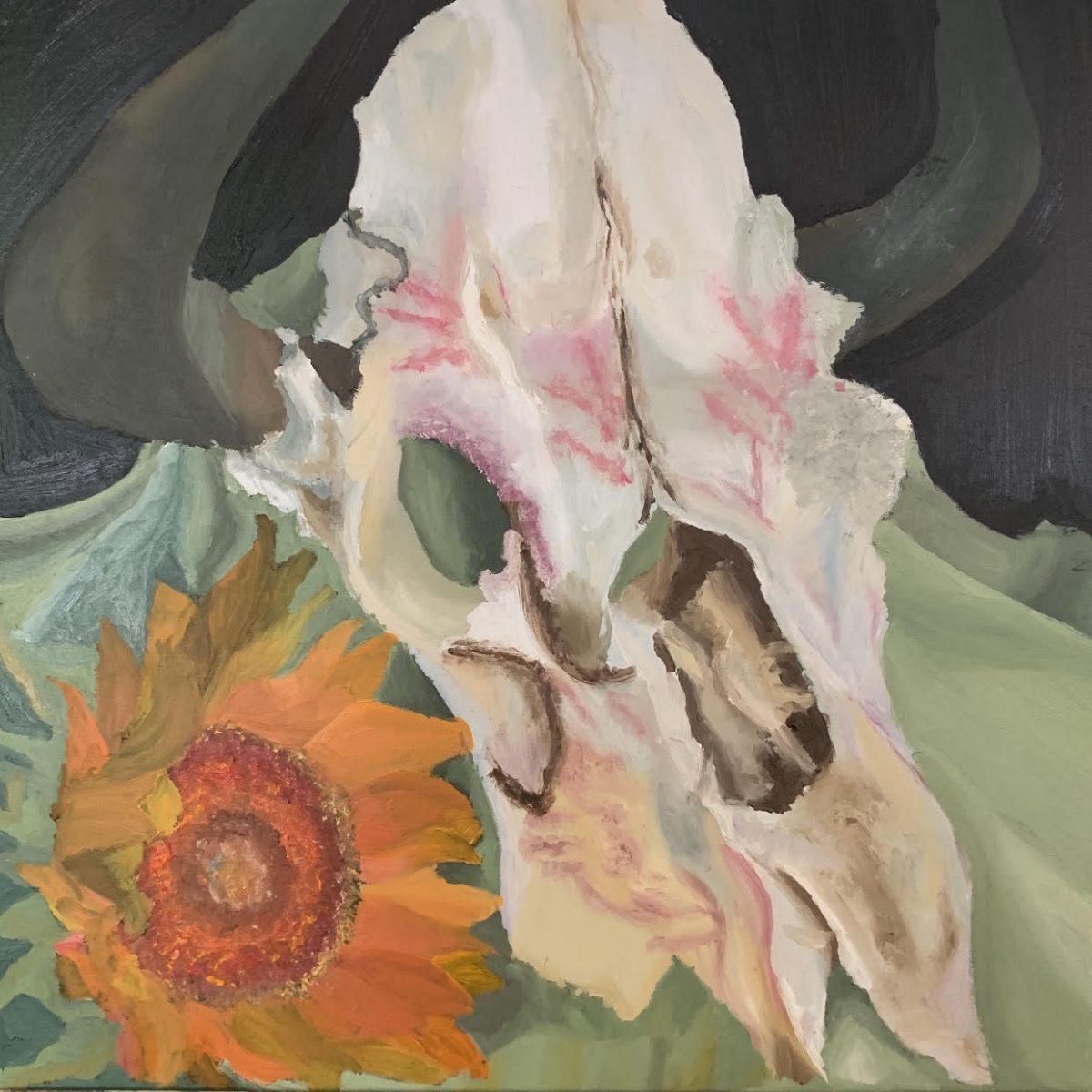 Painting of skull with horns on gray cloth to the left of a yellow flower.
