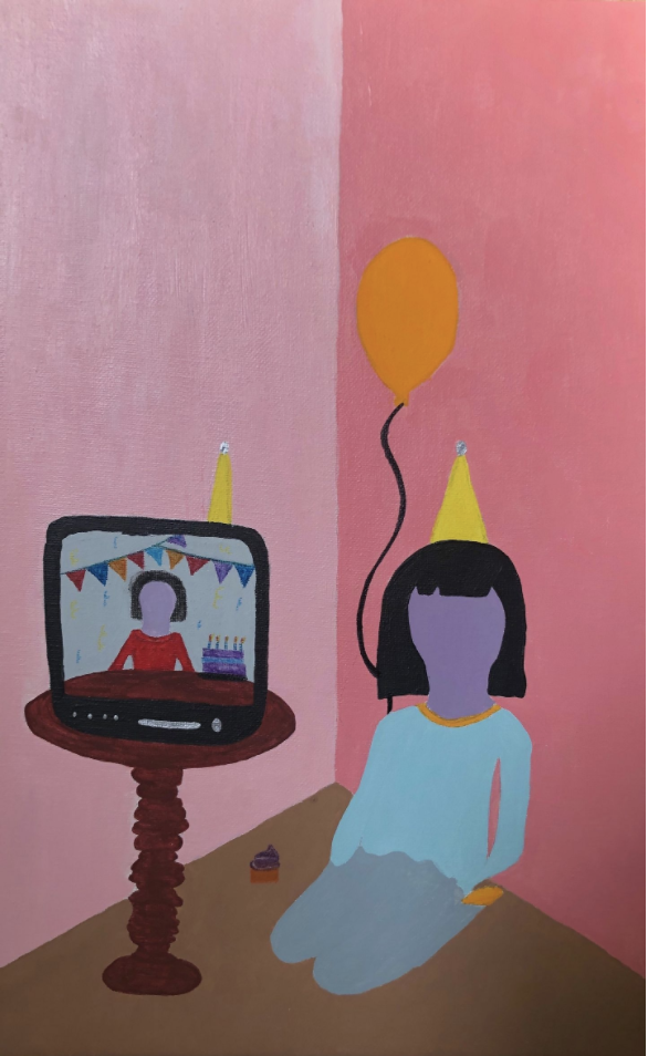 Person with no facial features wearing yellow hat and holding orange balloon in a pink room having a virtual birthday party on a laptop.