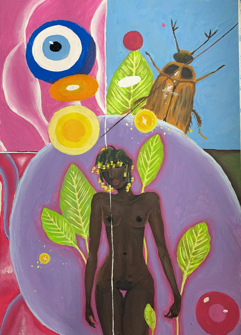Painting of a nude Black person with braided hair framed by leaves, colorful eyes, a large beetle and abstract shapes.