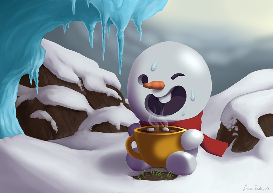 winking snowman drinking hot chocolate