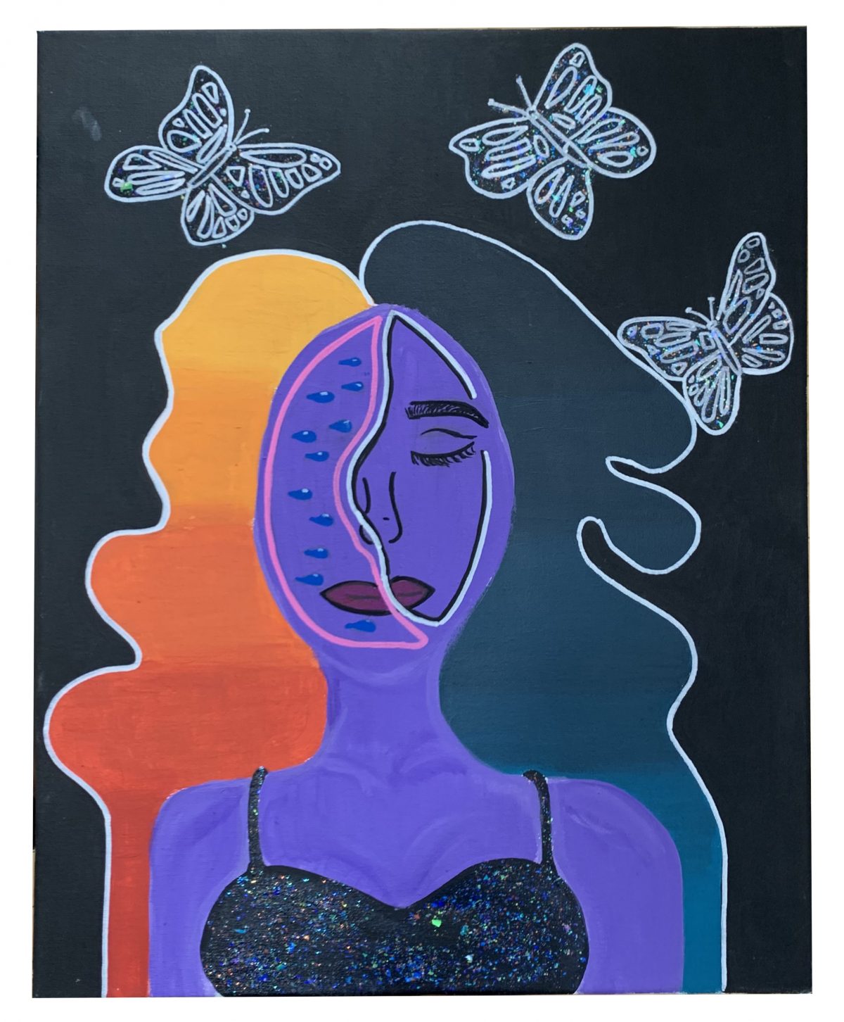 Person with purple skin, black and orange hair with 3 butterflies in the background.