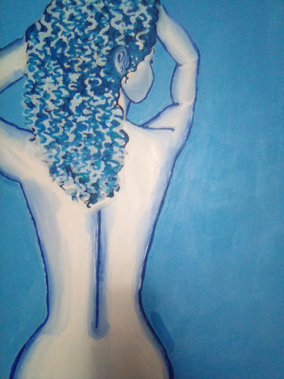 Acrylic painting of a figure in shades of blue, nude and viewed from behind, holding up long, curly locks of blue hair, face turned to the side.