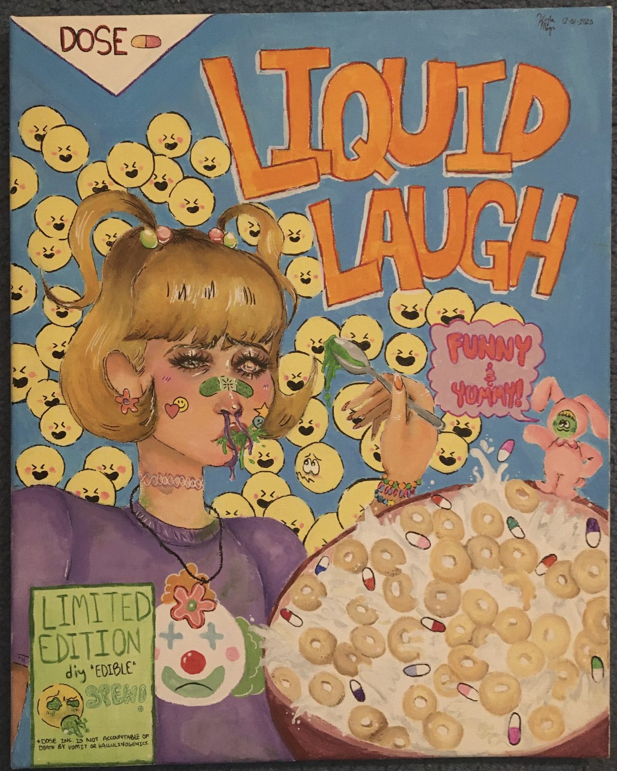 Cereal style box art of person with blond hair and a bowl of cereal. They have a green band-aid on their nose. Yellow, emjio like, smiley faces surround them.