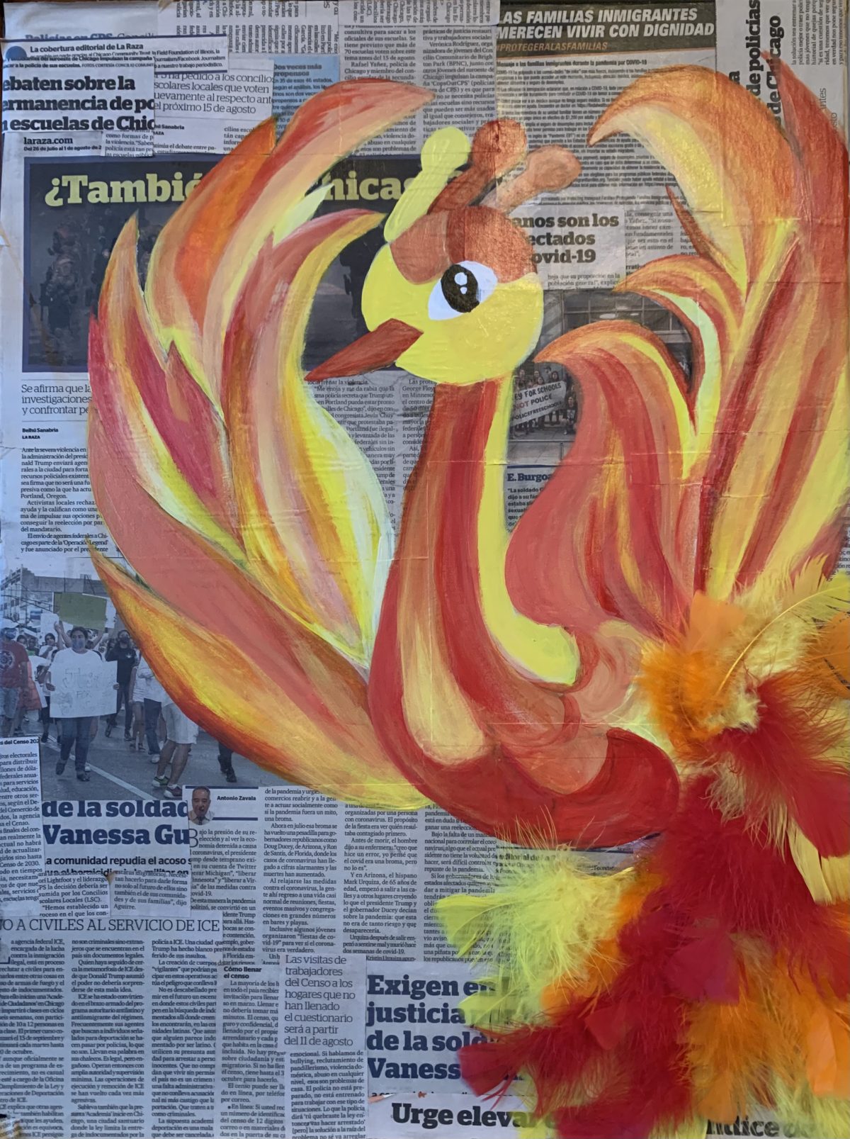 Orange, red, and yellow phoenix painted on a collage of Spanish language newspapers.