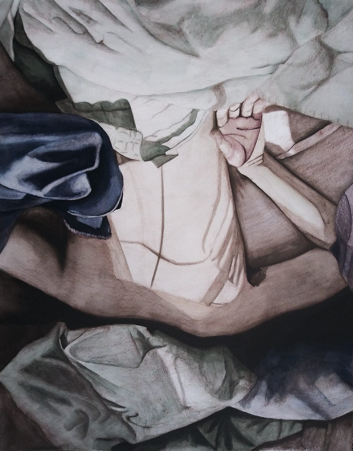 Painting of person laying face down with their right palm up in a pile of white, blue, and gray sheets.
