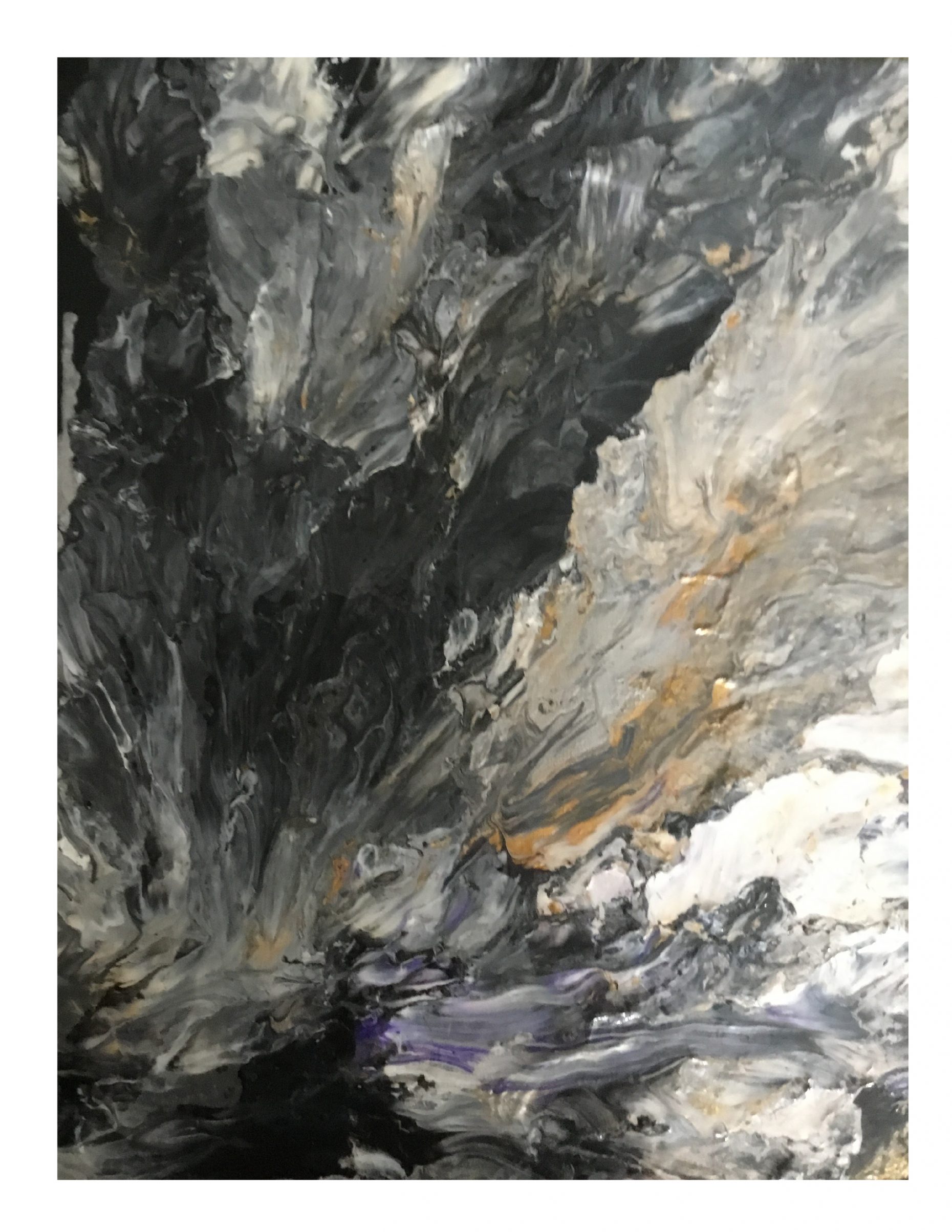 Abstract painting of gray, brown, and greens.