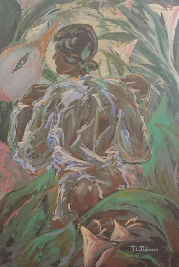 Nude woman from the back surrounded by large plant leaves.