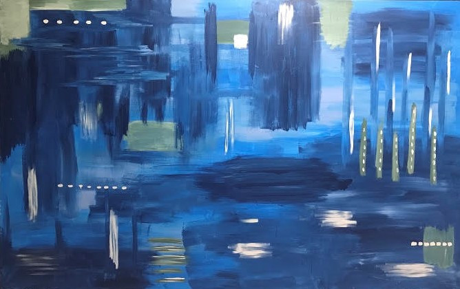 Abstract painting with deep blues and greens.