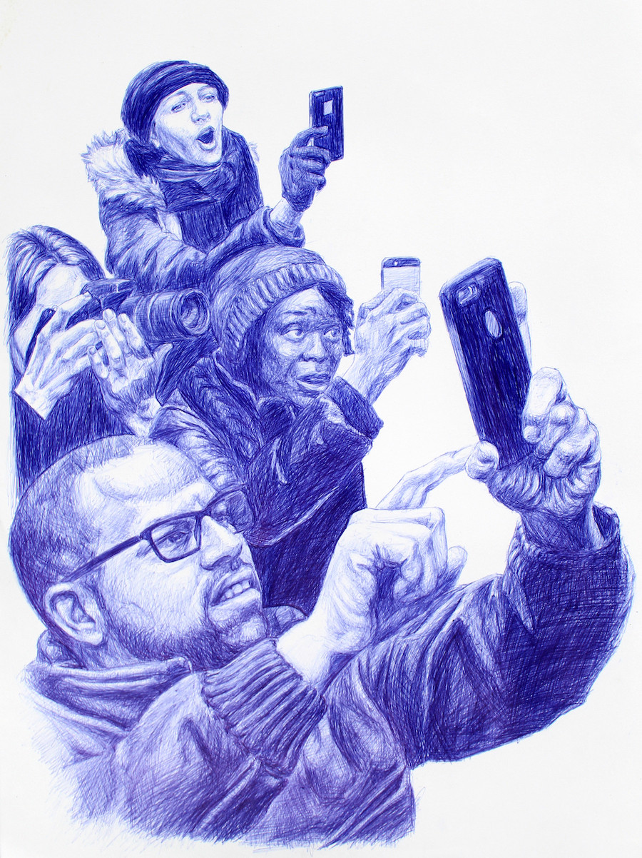 Blue line drawing of people in warn hats and coats recording something on their cell phones.