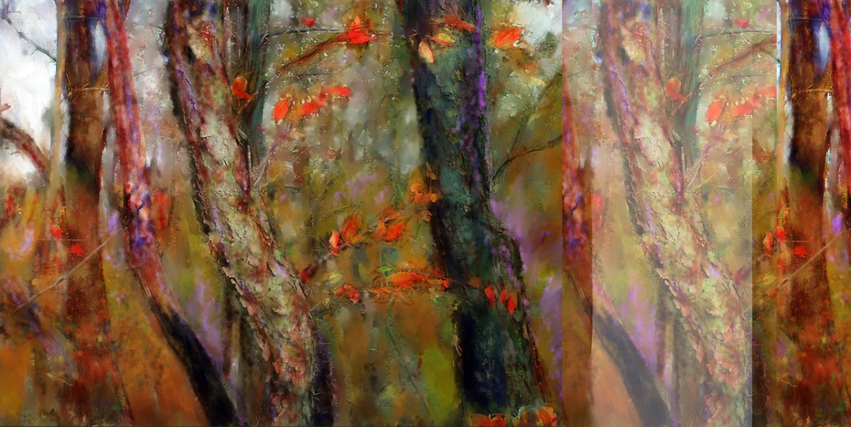 Digital painting, zoomed in on tree trunks with orange leaves.