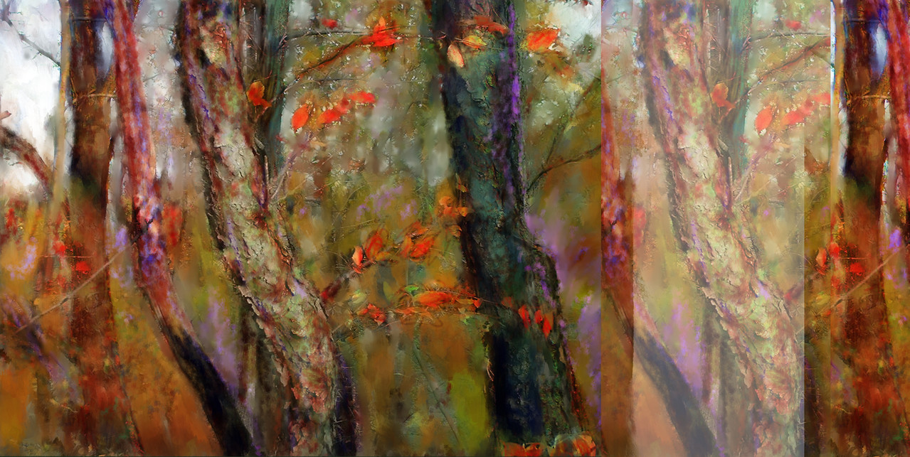 Digital painting, zoomed in on tree trunks with orange leaves.