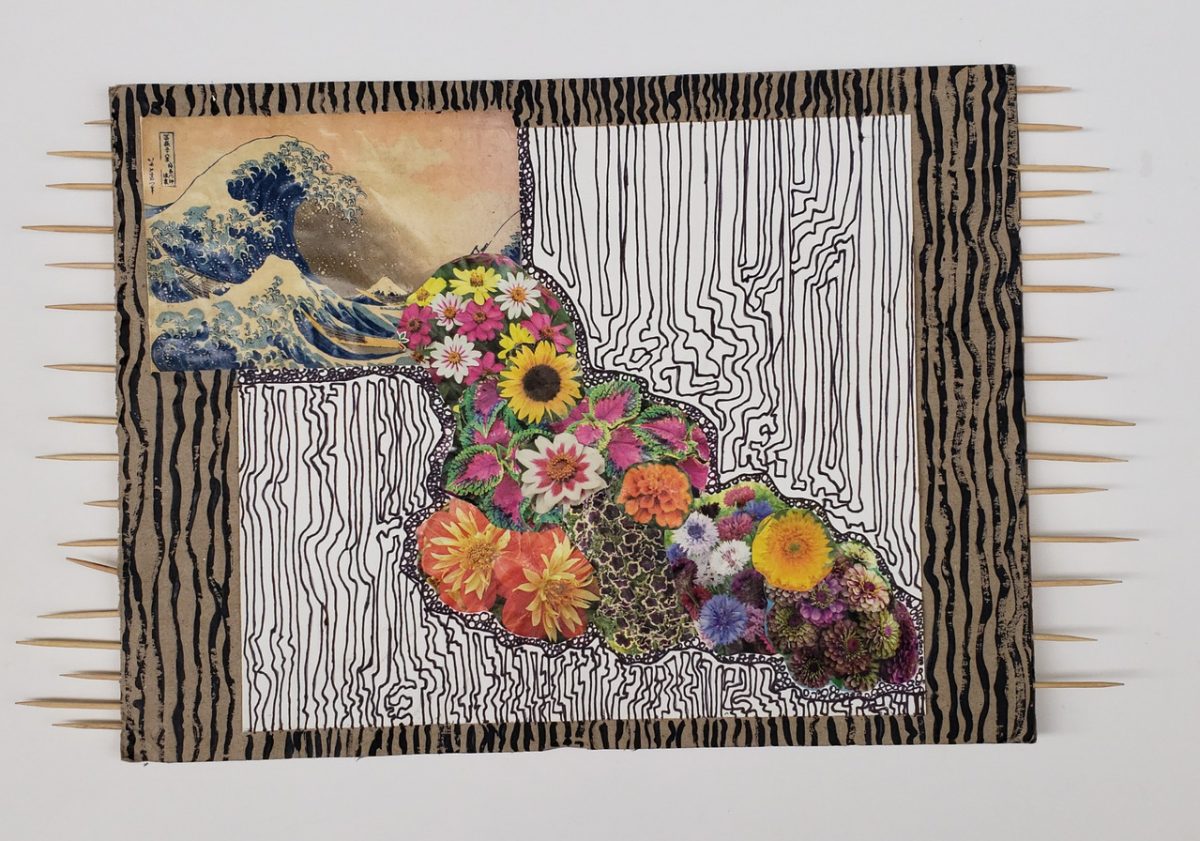 Multi-media collage of flower picture, Japanese wave art, print of waves in black and toothpicks.