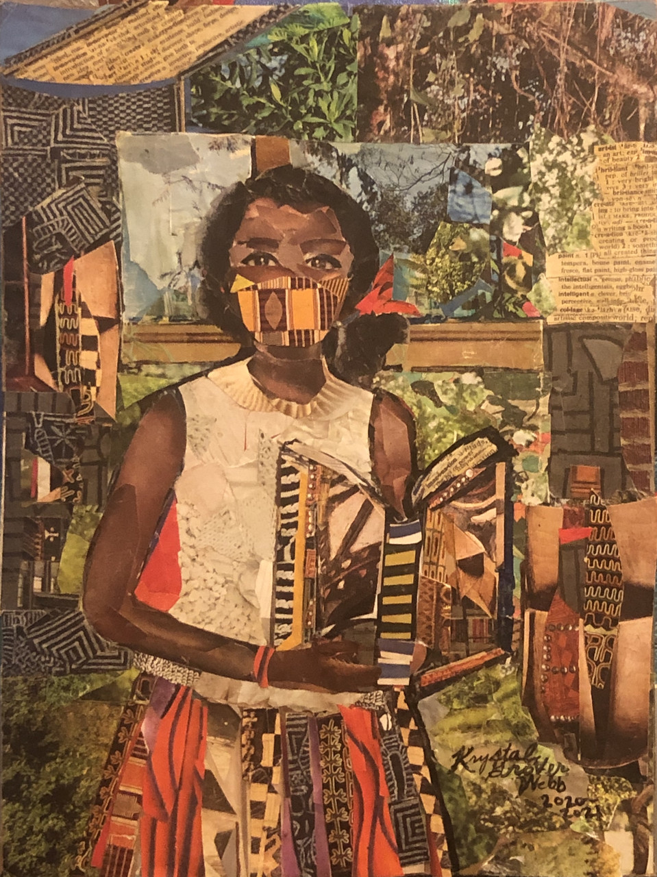 Collage of woman wearing a mask and holding a book.