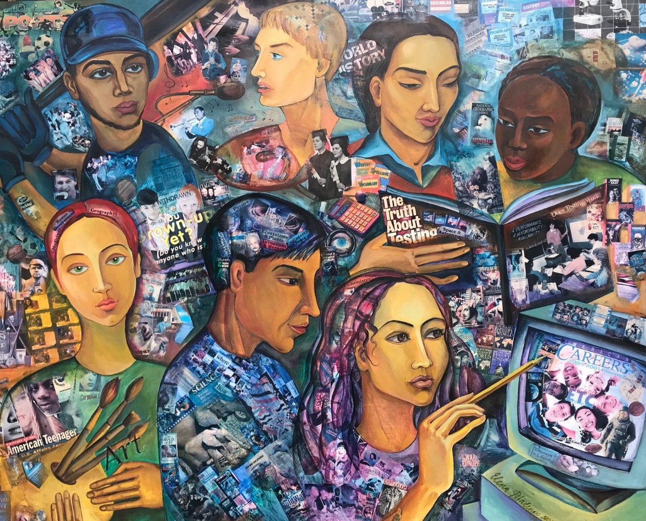 A variety of people with images collaged as their bodies and hair, all learning.