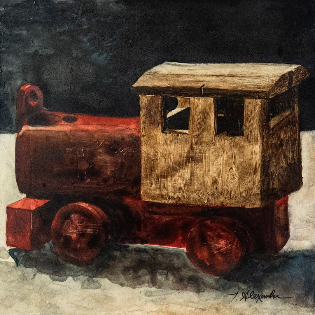 Drawing of brown and red toy train.