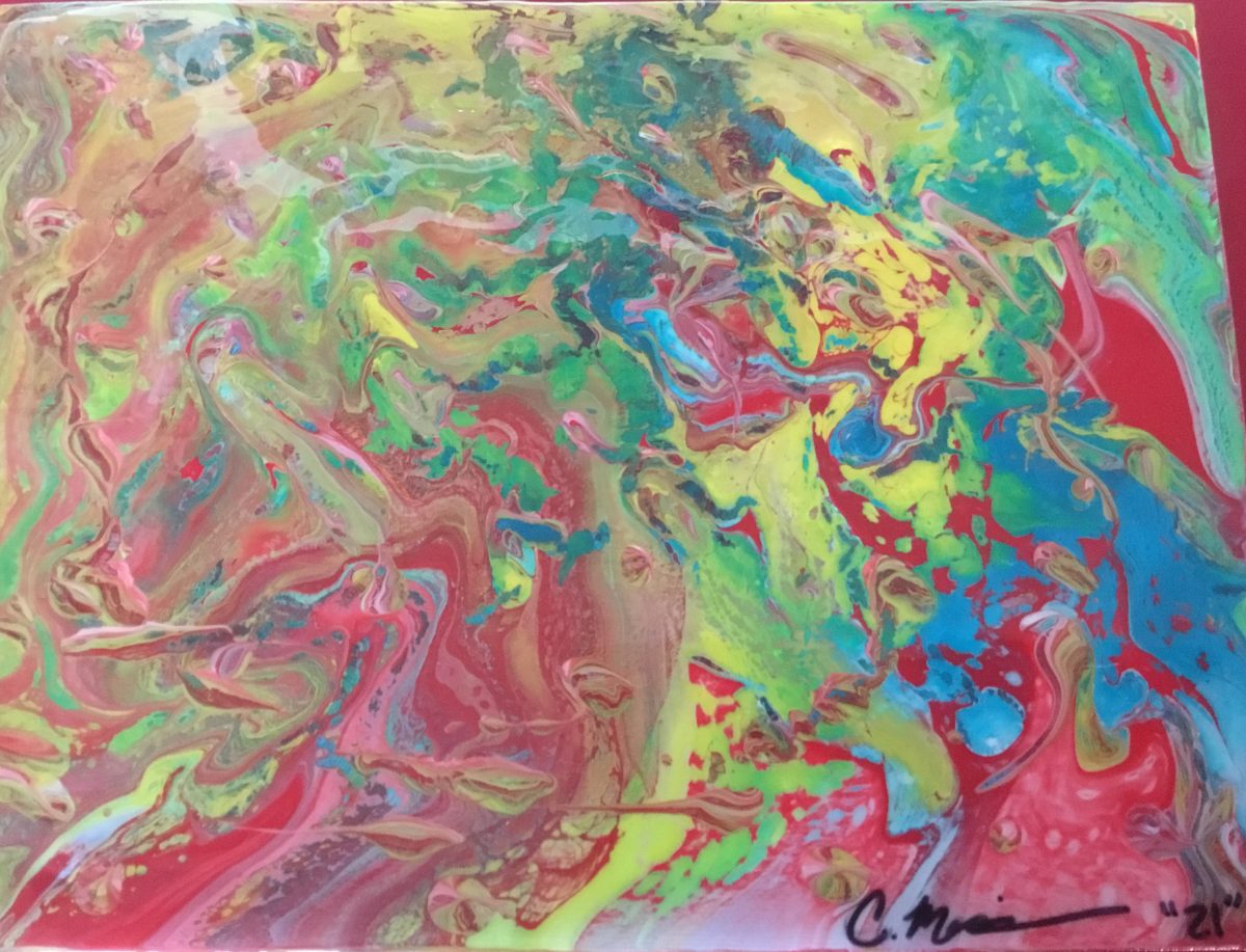 Marbled canvas with reds, blues, and yellows.
