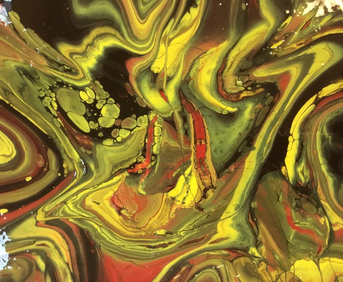 Abstract, psychedelic painting with yellows, greens, and golds.