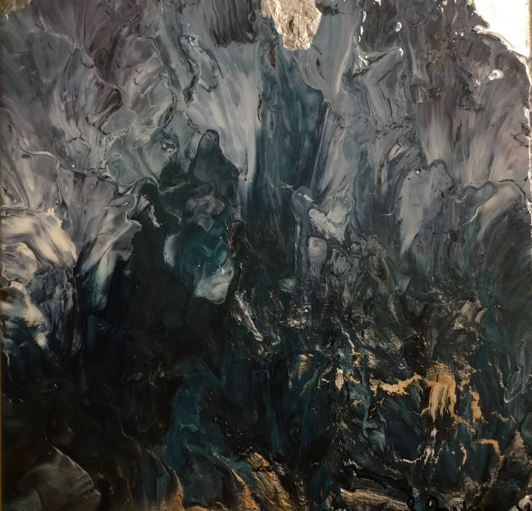 Abstract painting of blacks, grays, and whites.