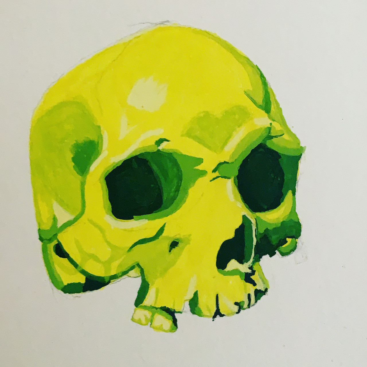 Painting of yellow-green skull missing lower half of jaw.