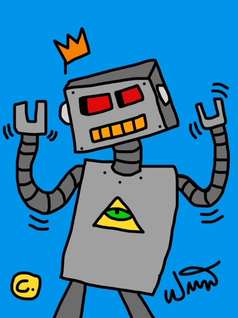 Dancing gray robot with red eyes, orange crown, and triangle with green eye on chest.