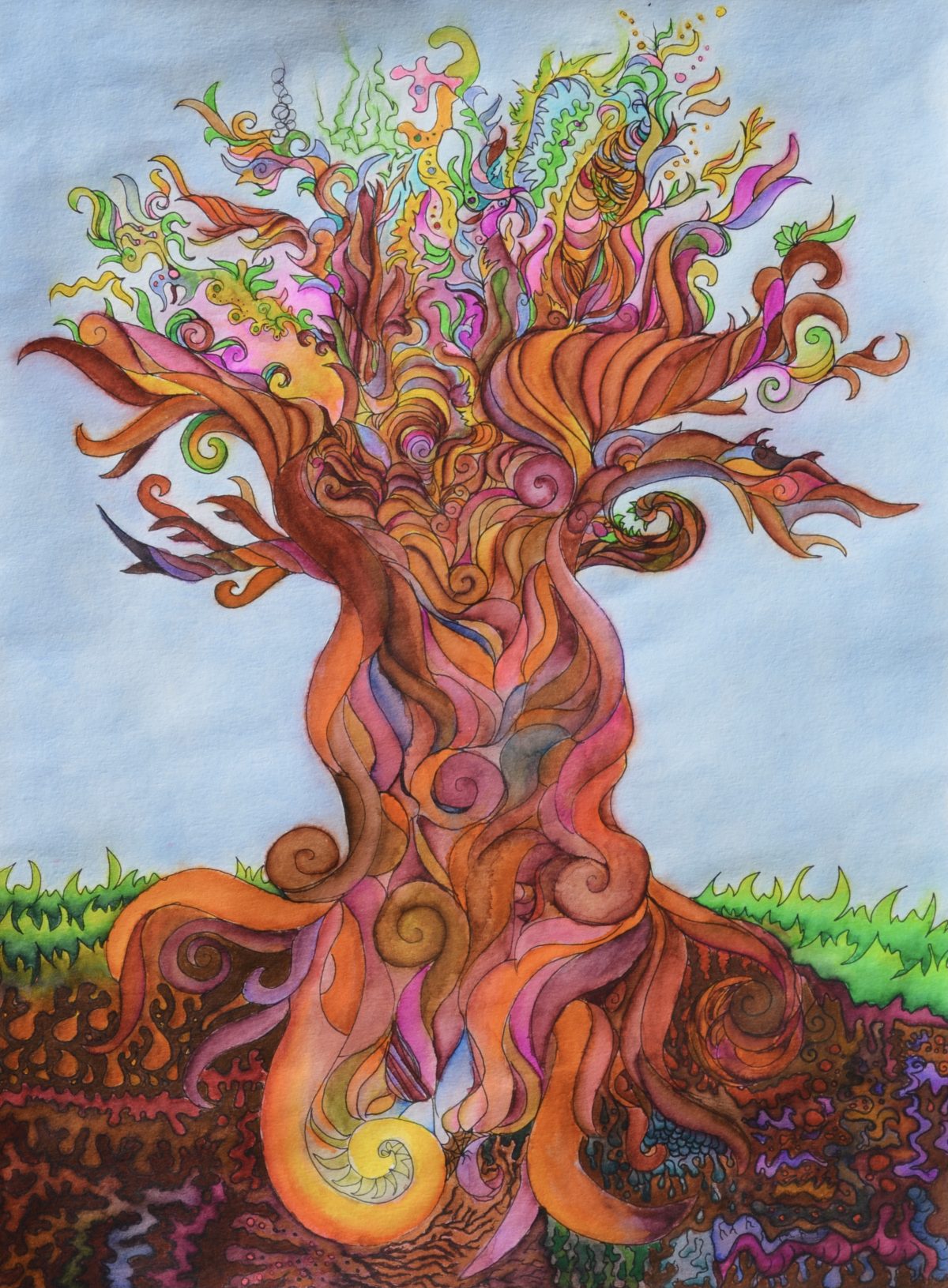A psychedelic tree made of swirls and curls on a blue sky background.