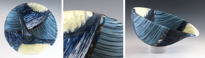 3 images of a cream, blue, and black glass bowl with pattern of abstract lines.