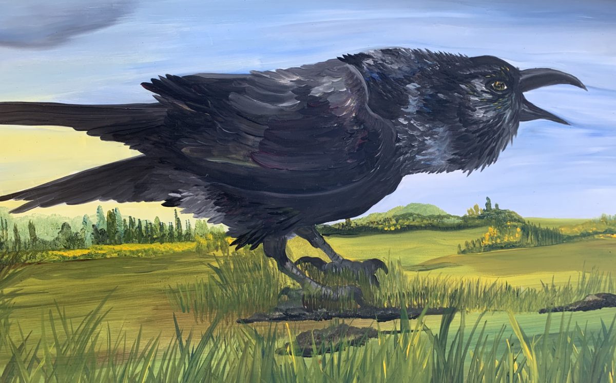 Painting of crow in green field.