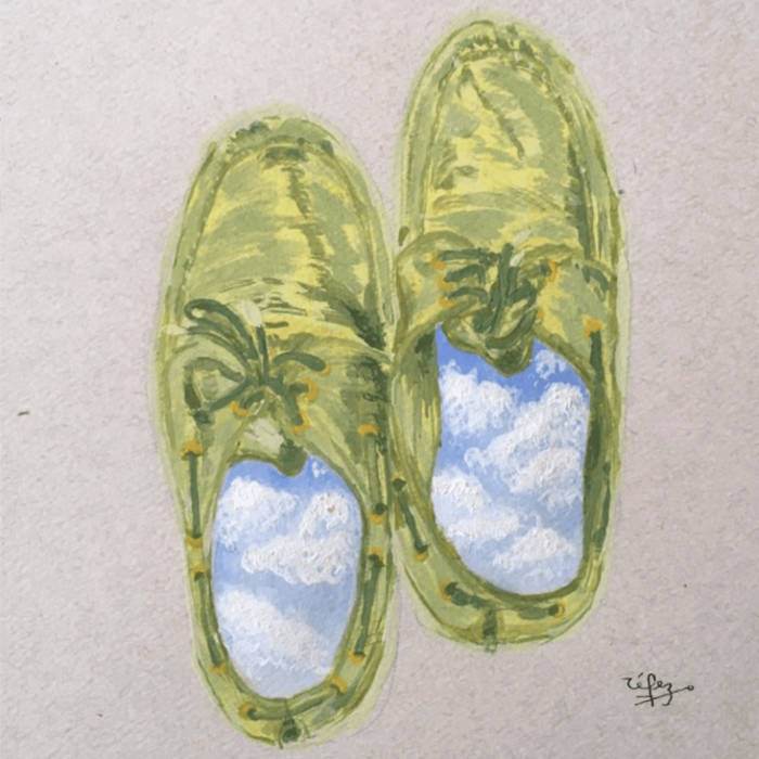 Drawing of a pair of green shoes with sky for the insole.