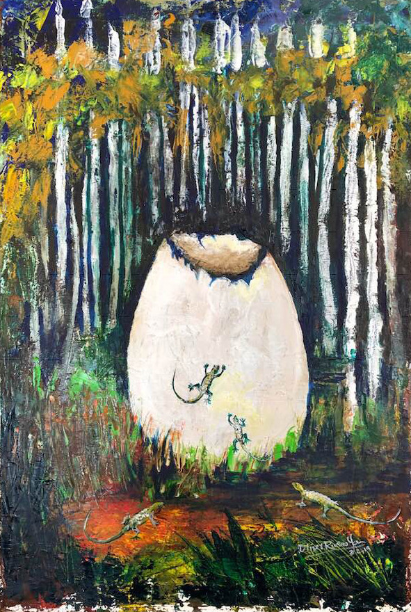 Egg with top cracked off, in a grove of birch trees.
